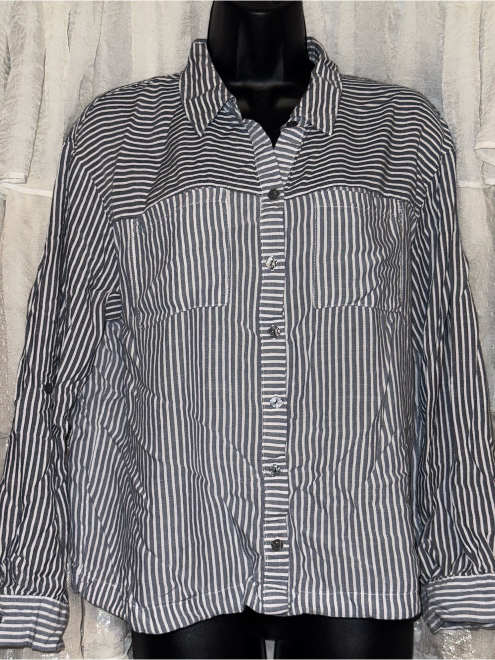Women's Striped Button-Down Shirt - Navy & White